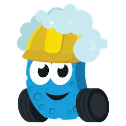 Soapy Joe mascot (a sponge with wheels, bright eyes and a smile) wearing a construction hat that has bubbles on top, presumably from a car wash.