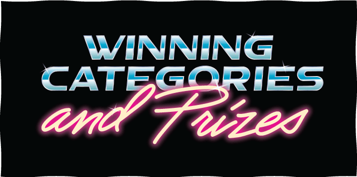 The words Winning Categories and Prizes in neon letters.