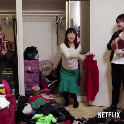Marie Kondo in a messy room.