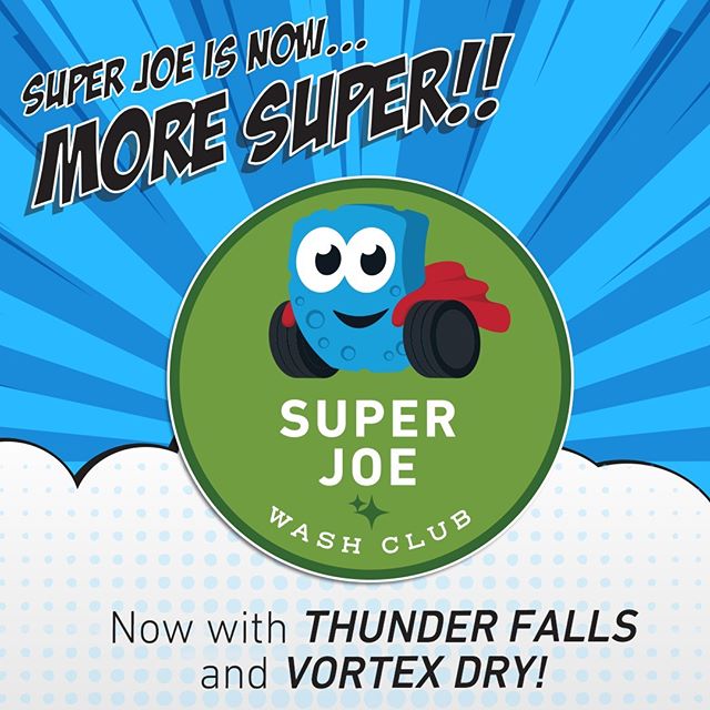 Super Joe Sticker with the text 'Super Joe is now more super!! Now with Thunder Falls and Vortex Dry!