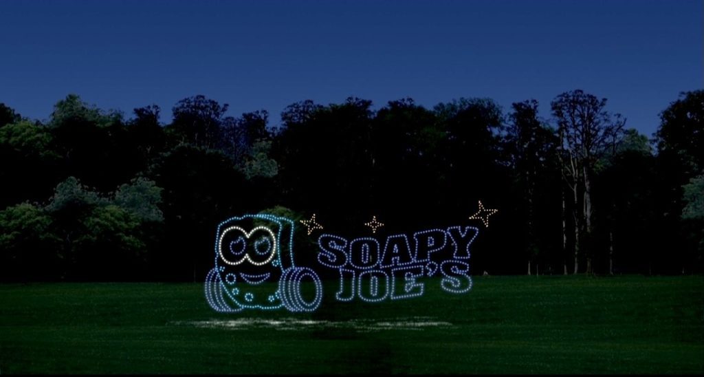 The Soapy Joe's logo in Christmas lights.