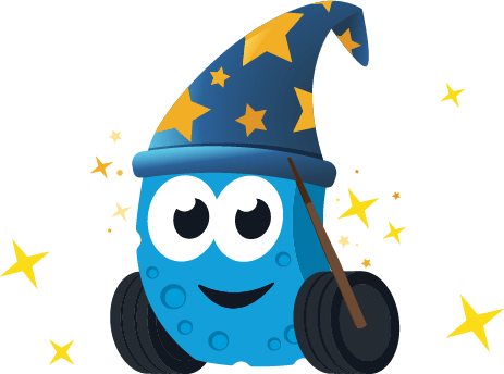 Magic Joe wearing a wizard hat and holding a wand surrounded by sparkles